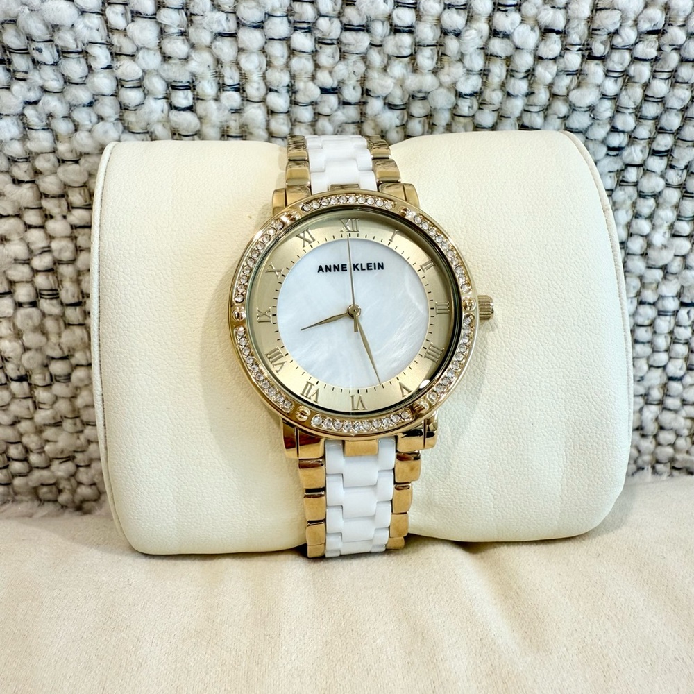 Anne Klein Gold and White Crystal-Accented Watch